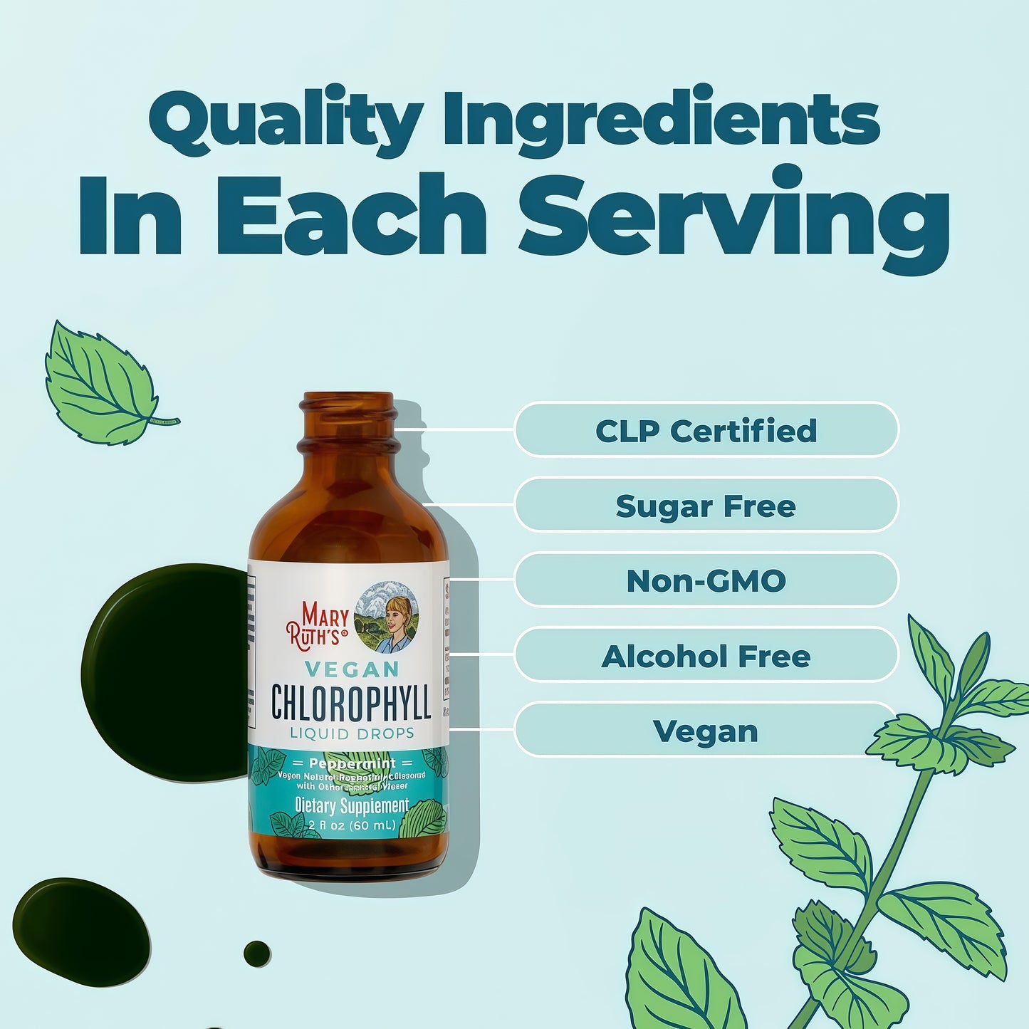 MaryRuth's Chlorophyll Liquid Drops, Delicious Minty Flavor, Vegan, 2 Fl Oz | Clean Label Project Certified®, Vegan, Non-Diluted Liquid Chlorophyll, Mulberry Derived Supplement for Ages 14+, Non-GMO