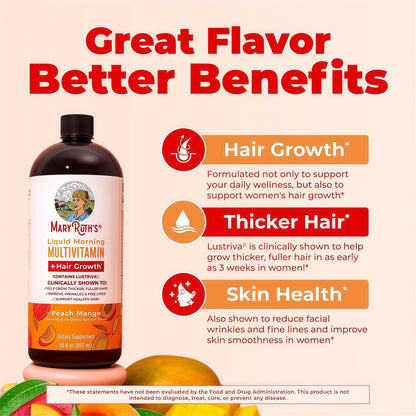 MARYRUTH'S Liquid Multivitamin + Hair Growth, Clinically Thicker Hair, 30oz | Clinically Tested in Women for Thicker Hair & Facial Wrinkles, Ages 18+